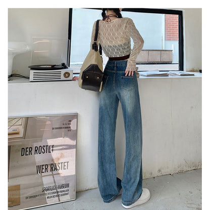 Pocket Floor-Length Loose Fit High-Waisted Wide-Leg Retro Dividing Line Jeans