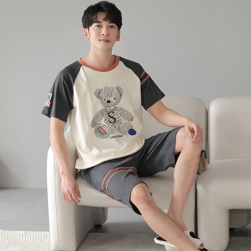 Round Neck Tightly Woven Pure Cotton Color Blocking Bear Pattern Patchwork Short Sleeves Lounge Set