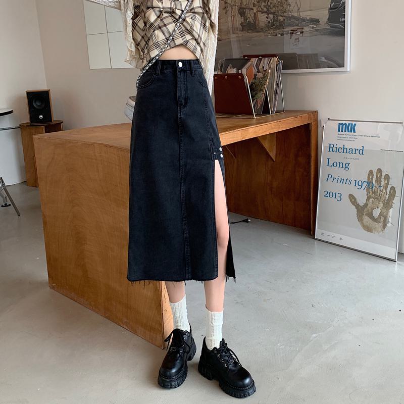 A-Line Retro High-Waisted Split Thigh Denim Skirt