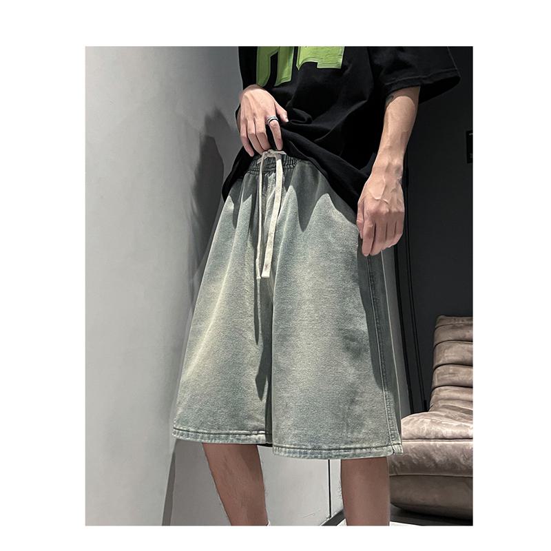 Versatile Elastic Waist Drawstring Waist Loose Fit Washed Trendy Denim Shorts