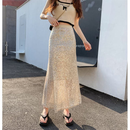 High-Waisted Sequined Shiny Midi Mesh Skirt
