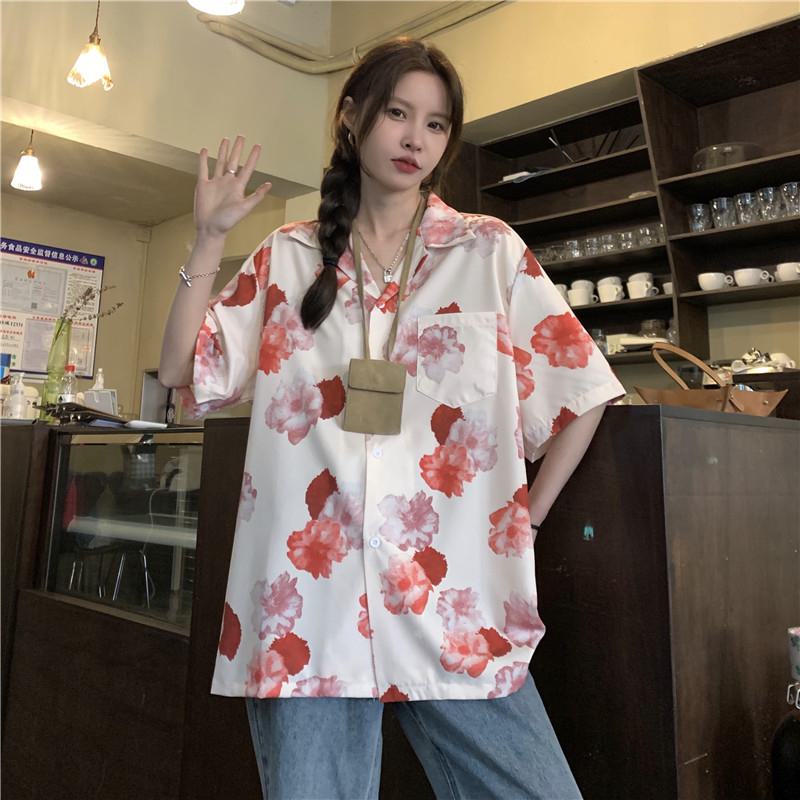 Slimming Floral Print Loose Fit Full Print Retro Shirt