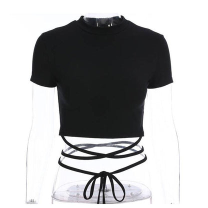 Tie High-Waisted Tight-Fitting Crossed Solid Color Navel-Baring Cropped Short Sleeve Tee