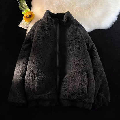 Teddy-Jacke in Übergröße mit Stickerei, dickem, lockerem Schnitt und trendigem, körnigem Flausch