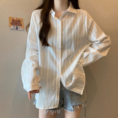 Camisa de algodón puro estilo francés de protección solar suelta con rayas