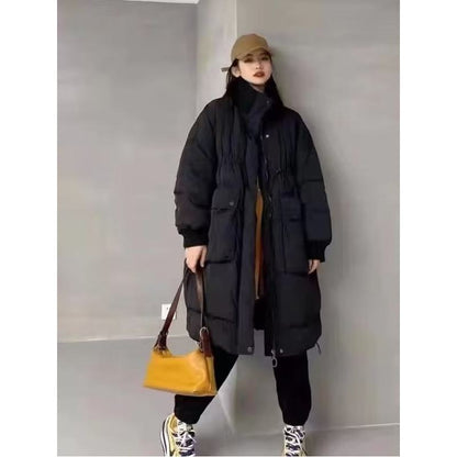 Stand-Up Collar Full Zip Drawstring Knee-Length Puffer Jacket