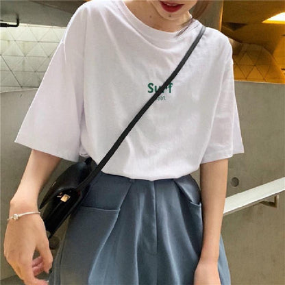 Retro Simplicity Letter Print Loose-Fit Short Sleeve Tee