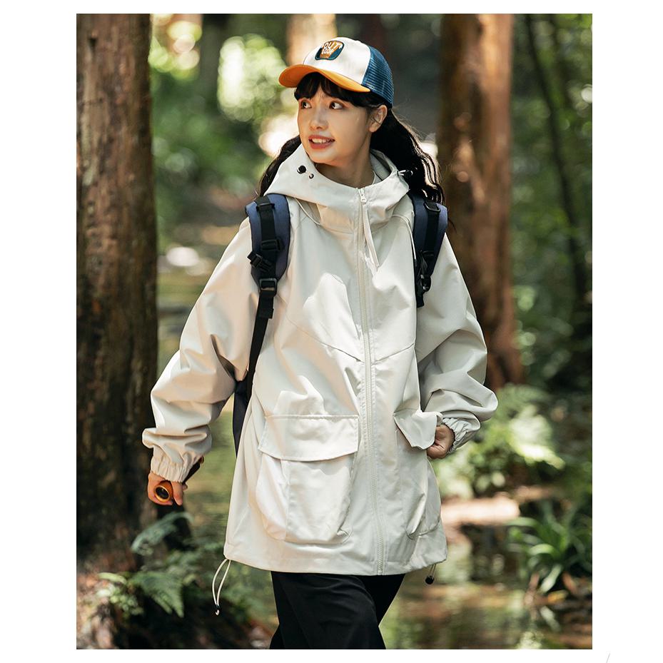 ワークウェアスタイルのキャンプ用風防トレンドレインコートフード付きジャケット