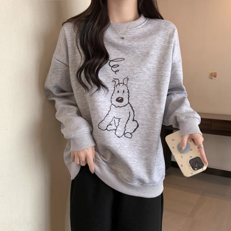 Locker sitzender Sweatshirt mit dünnem Cartoon-Print und Rundhalsausschnitt