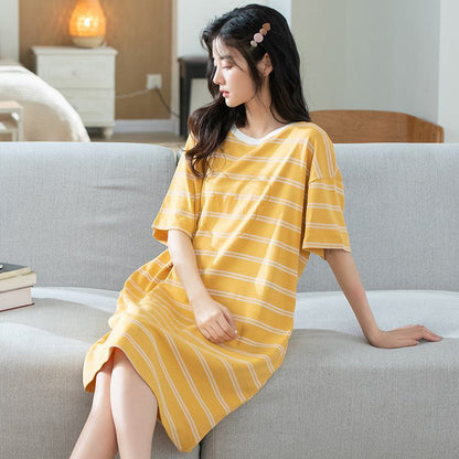Pure Cotton Round Neck Pullover Stripe Simplicity Lounge Dress