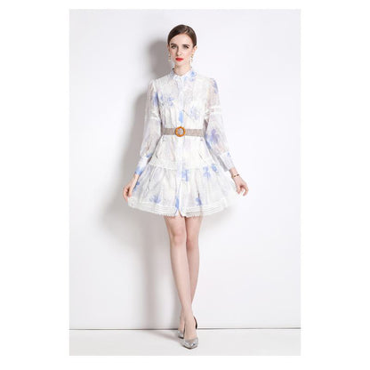 Stand-Up Collar Print Irregular Petite A-Line Skirt Dress