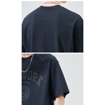 Camiseta de manga corta de cuello redondo y algodón lavado versátil de alta calidad
