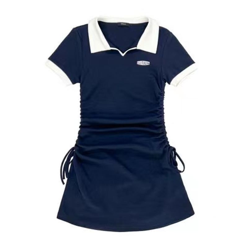 Slim-Fit Petite Color-Blocking Pleated Tie-Up Regular Shoulder Patchwork Dress