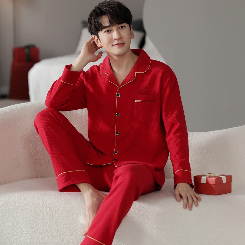 Ensemble de pyjama en coton pur tissé serré à manches longues rouge à motif pied-de-poule avec boutons devant et poches