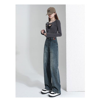 Jeans rétro à jambes larges et taille haute, style urbain décontracté jusqu'aux chevilles.