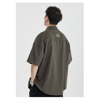 Label Loose Fit Versatile Retro Casual Trendy Short Sleeve Shirt