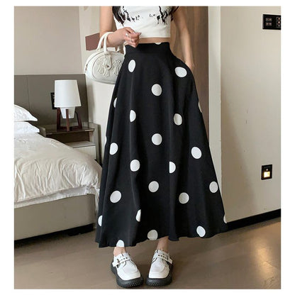 High-Waisted Chiffon Polka Dot Pocket Full Skirt Style Elastic Waist Skirt