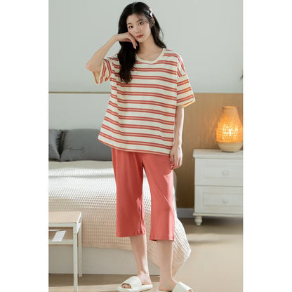 Pure Cotton Solid Round Neck Pullover Stripe Simplicity Lounge Set