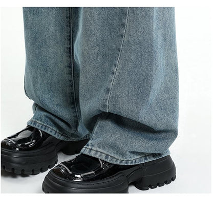 Jeans de bordado de talle alto rectos de pierna ancha y ajuste holgado para adelgazar.