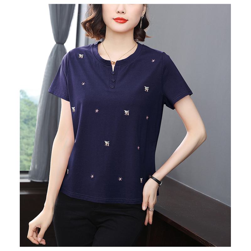 Notched Neck Versatile Button Loose Fit Worn Outside Cotton Short Sleeve Tee