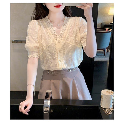 French Style Lace Bubble Sleeve V-Neck Hollowed-Out Blouse