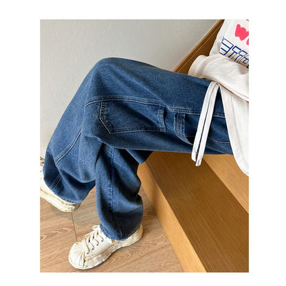 Workwear Floor-Length Drawstring Loose Fit Straight Jeans