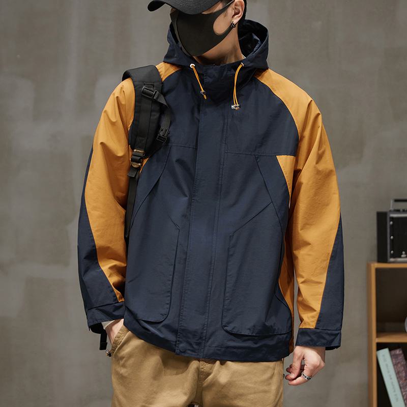 Patchwork Outdoor In-Seam Pocket Hooded Water-Resistant Windbreaker