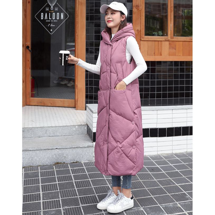 Sleeveless Hooded Zip-Up Calf-Length Puffer Coat