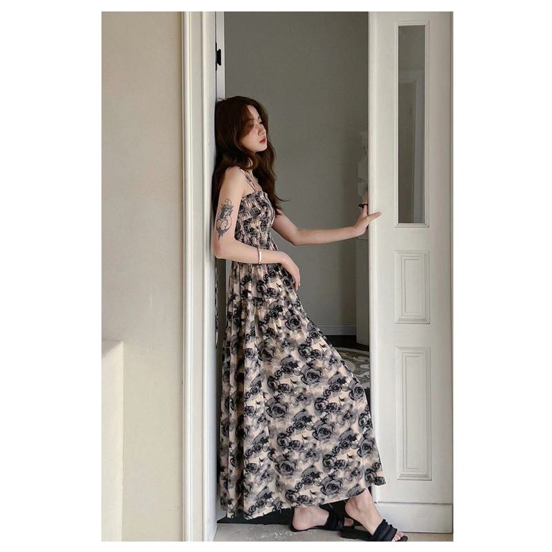 Retro Floral Print Strapless French Style Slimming Cinched Waist Dress