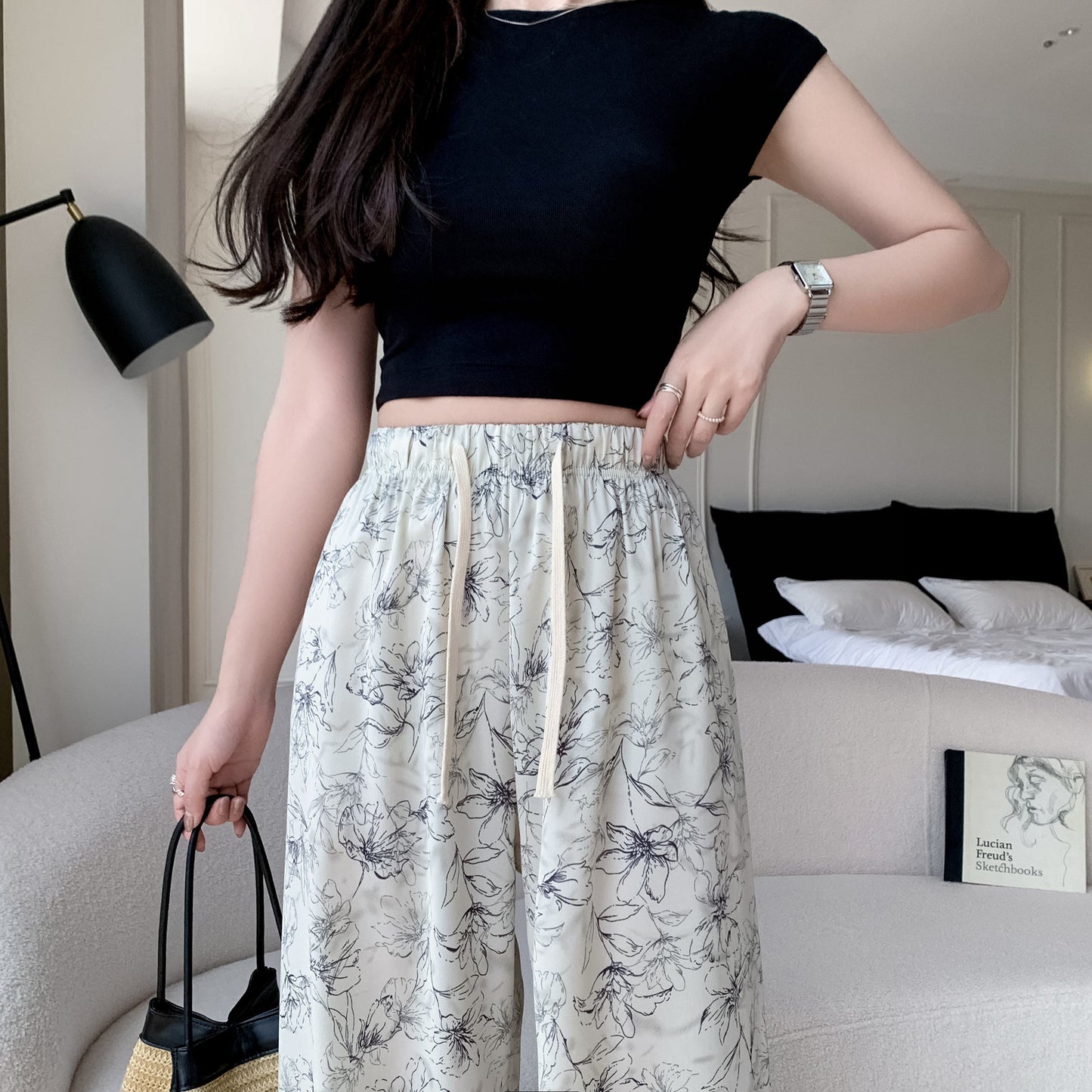Printed High-Waisted Straight Leg Casual Slimming Look Silky Pants