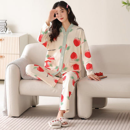 Conjunto de pijama de algodón puro tejido ajustado con botones delanteros de manzana