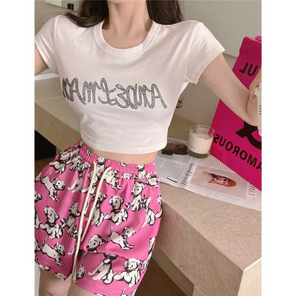 Casual Loose Fit Puppy Print Slimming High-Waisted Shorts