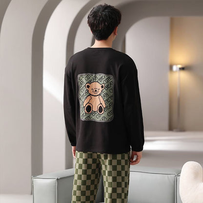 Tightly Woven Pure Cotton Bear Pattern Pullover Round Neck Plaid Long Sleeve Lounge Set