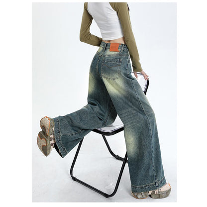 Floor-Length Retro Washed Straight Leg Jeans