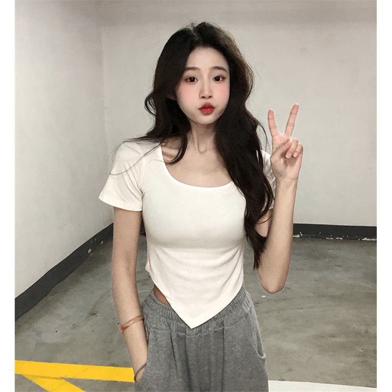 Women's T-Shirt Slim-Fit Cropped Square Collar Short Sleeve Tee