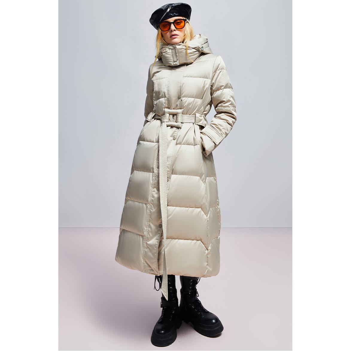 Calf-Length High Neck Quilted Belted Down Coat