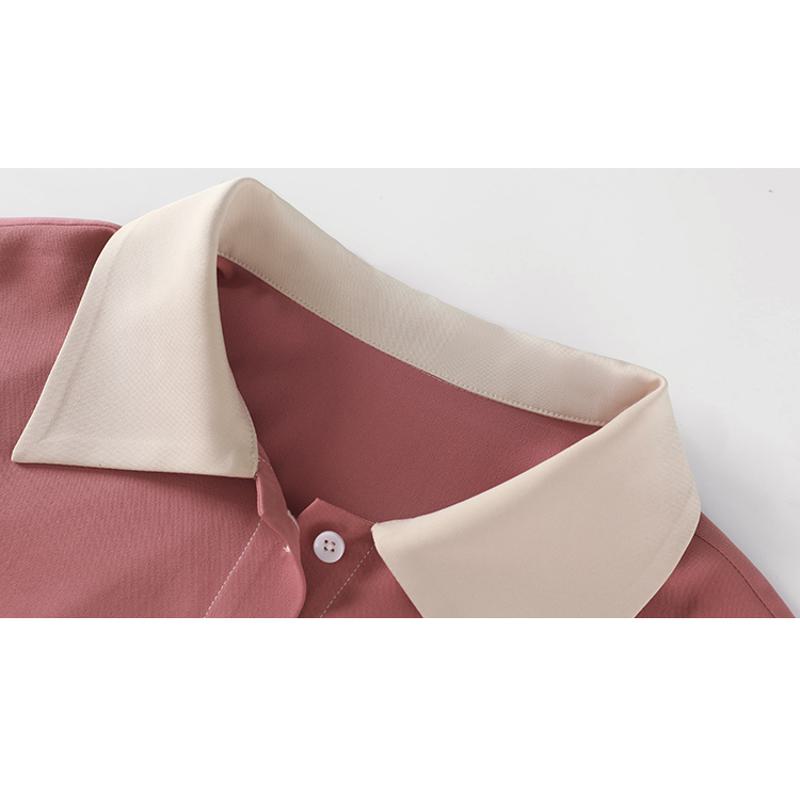 カラーピンクのスリミングタイアップルーズフィットシックなパッチワーク半袖ドレス