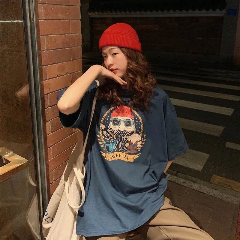 T-shirt à manches courtes de style Harajuku avec impression de dessins animés et style préppy