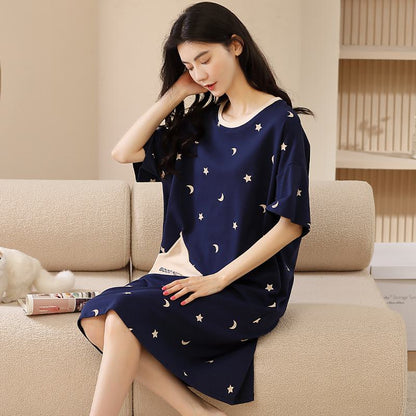 Vestido de sala de estar de algodón puro tejido ajustado de colores contrastantes azul con estrellas
