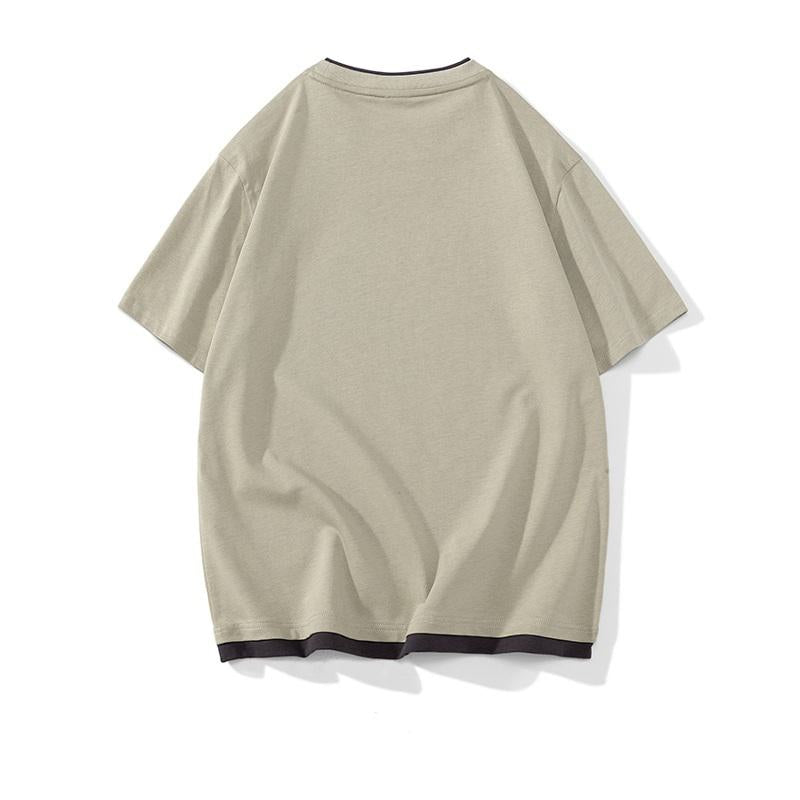 Tee-shirt en coton pur confortable à manches courtes et col rond, fausse pièce deux en un, polyvalent