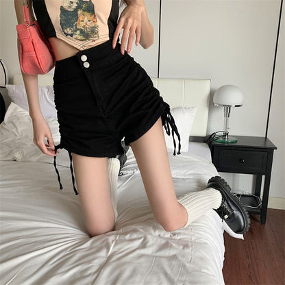 Shorts de mezclilla de talle alto con cordón en línea A