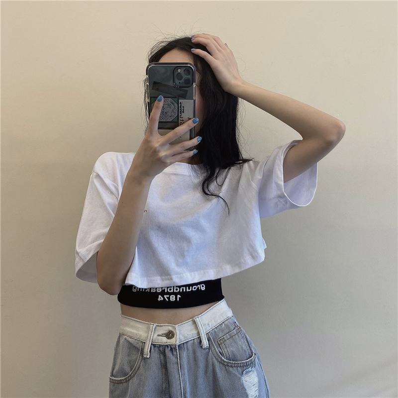 Loose Fit Navel-Baring Cropped Two-Piece Set High-Waisted Short Sleeve Tee