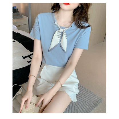 Pure Cotton Blue Loose Fit Bow Tie Niche Half-Sleeve Blouse