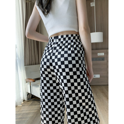 High-Waisted Plaid Stripe Draping Wave Silky Thin Straight Leg Pants