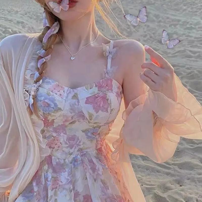 Zweiteiliges Kleid mit floralen Drucken aus Chiffon im französischen Stil und sanftem Sonnenschutz