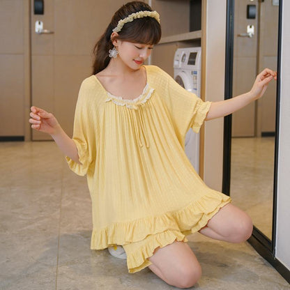 Ensemble de pyjama jaune solide et mignon en modal plissé