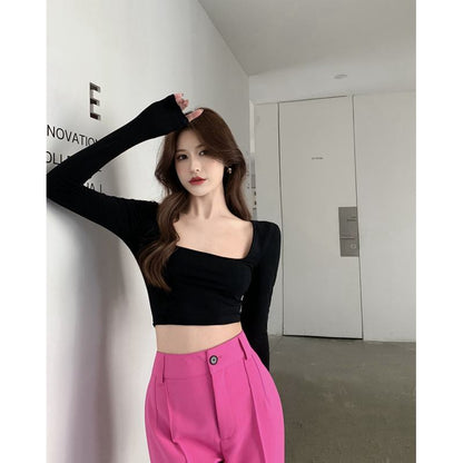 Cropped Backless Slim-Fit Square Collar Tie Long Sleeve Tee