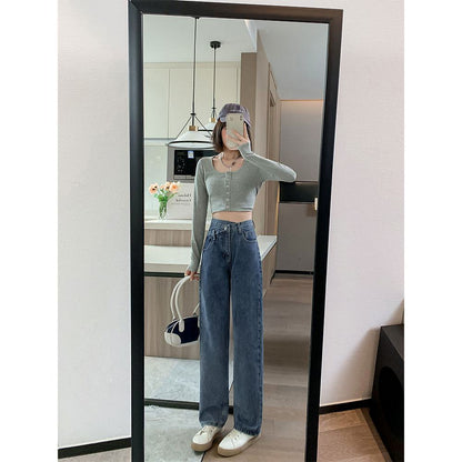 High-Waisted Design Draping Floor-Length Loose Fit Straight Leg Jeans