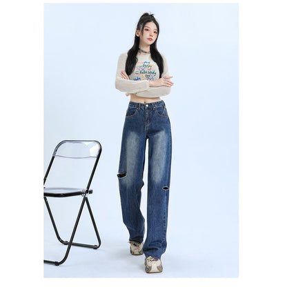 Locker sitzende, verwaschene, vielseitige Straight-Leg-High-Waist-Jeans im Street-Style.