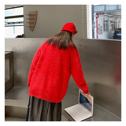 エレガントで都会的なアーティスティックなシンプルなフェイクミンク原宿スタイルのレイジーシックニットセーター、使い勝手の良いセーター